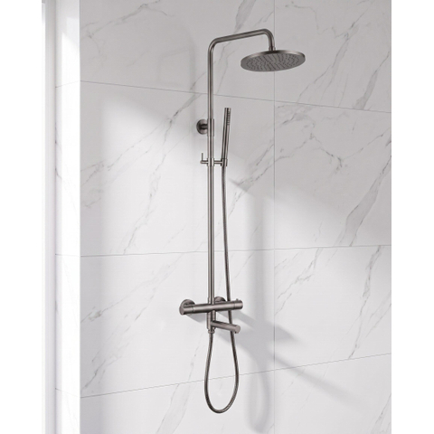 Fortifura Calvi Regendoucheset - thermostatisch - 25cm hoofddouche - metalen slang - staaf handdouche - draaibare baduitloop - Geborsteld Gunmetal PVD SW1592507