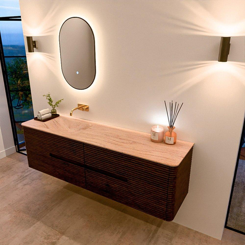 Mondiaz CIRO-DLUX Meuble de salle de bains - 170x45x50cm - Plan vasque Solid surface Saba - 1 lavabo à gauche - sans trous de robinetterie - 4 tiroirs - Noyer SW1530909