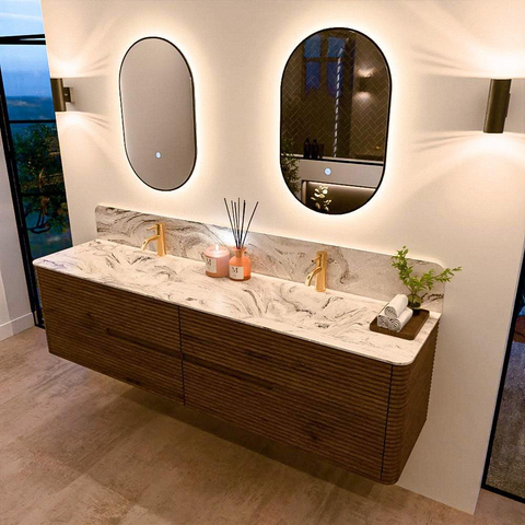 Mondiaz CIRO-DLUX Badkamermeubelset - 190x45x50cm - Solid surface wastafel Glace - 2 wasbak Dubbel - 2 kraangaten - 4 lades - Dusk SW1533009
