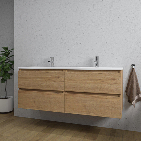 Saniclass Chaci Badkamermeubelset - 140x46x55cm - 4 lades - keramische wastafel wit - 2 wasbakken - 2 kraangaten - eiken SW1171450