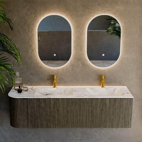 Mondiaz KURVE-DLUX Badkamermeubelset - 155x46x40cm - 2 lade - 1 deur - wastafel solid surface - dubbel / rechts - 2 kraangaten - Shadow SW1414597