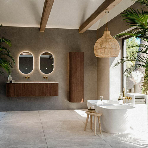 MONDIAZ KURVE-DLUX meuble de salle de bains 155cm avec module 25 L couleur Walnut avec 2 tiroirs et 1 porte. Lavabo LEAF double / à droite sans trou de robinet couleur Frappe. SW1137480