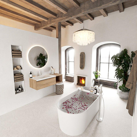 MONDIAZ BUKLA Meuble de salle de bains 120cm avec module ouvert 40 couleur Chêne lavé avec 1 tiroir. Lavabo CLOUD gauche 1 trou de robinet couleur Talc. SW1382042