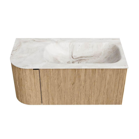 MONDIAZ KURVE-DLUX meuble de salle de bains 95 cm avec module 25 L couleur Chêne avec 1 tiroir et 1 porte. Lavabo BIG SMALL à droite sans trou de robinet couleur Frappe. SW1137329