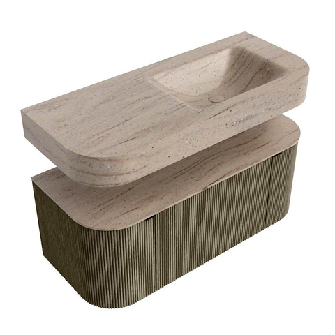 MONDIAZ THOR-DLUX 110cm meuble de salle de bains arrondi gauche + droite couleur Shadow avec 1 tiroir et 2 portes. Vasque suspendue CLOUD Droite sans trou de robinet couleur Saba. SW1463154
