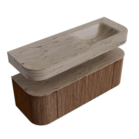 MONDIAZ THOR-DLUX 130cm meuble de salle de bains arrondi gauche + droite couleur Walnut avec 1 tiroir et 2 portes. Vasque suspendue CLOUD droite sans trou de robinet couleur Arena. SW1463768