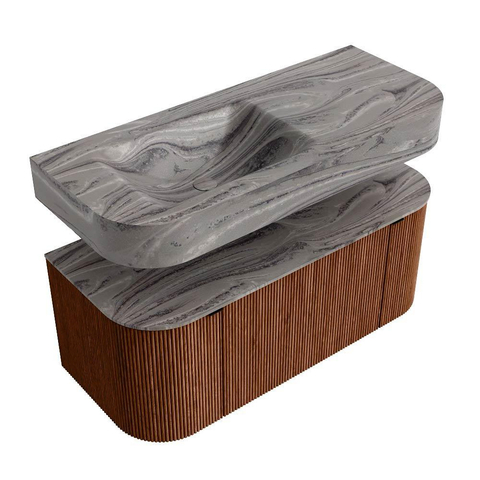 MONDIAZ THOR-DLUX Meuble de salle de bains 110cm arrondi gauche + droite couleur Ruby avec 1 tiroir et 2 portes. Vasque suspendue CLOUD Gauche 1 trou de robinet couleur Sombra. SW1463037