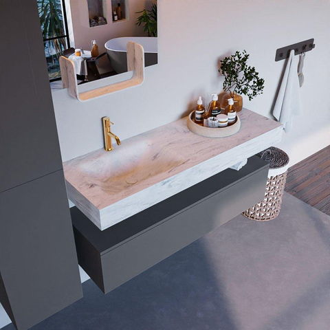 Mondiaz ALAN-DLUX Ensemble de meuble - 130cm - meuble Plata mat - 1 tiroir - Lavabo Cloud Opalo suspendu - vasque Gauche - 1 trou de robinet SW806993