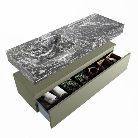 Mondiaz ALAN-DLUX Ensemble de meuble - 130cm - meuble Army mat - 1 tiroir - Lavabo Cloud Lava suspendu - vasque Gauche - 1 trou de robinet SW808473