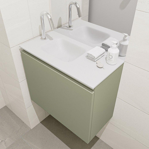 MONDIAZ OLAN Toiletmeubel 60x30x40cm met 1 kraangaten 1 lades army mat Wastafel Lex links Solid Surface Wit SW473320