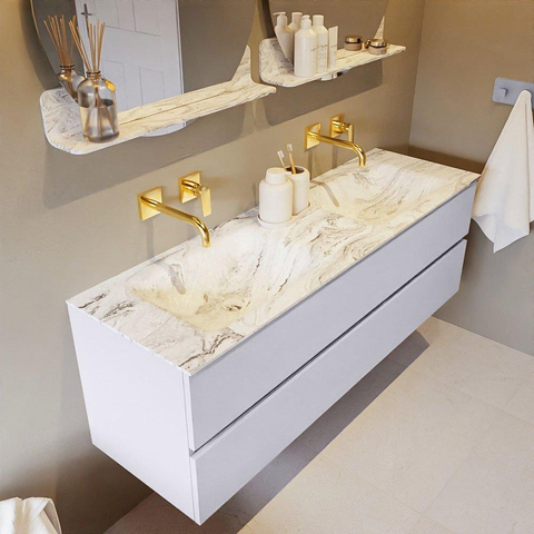MONDIAZ VICA-DLUX Ensemble meuble de salle de bains - 150cm - meuble bas cale - 2 tiroirs - lavabo encastré cloud double - sans trous de robinet - version haute 60cm - glace SW1088367