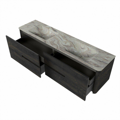 Mondiaz CIRO-DLUX Meuble de salle de bains - 180x45x50cm - Plan vasque Solid surface Glace - 2 vasques Double - sans trous de robinet - 4 tiroirs - Shadow SW1532238