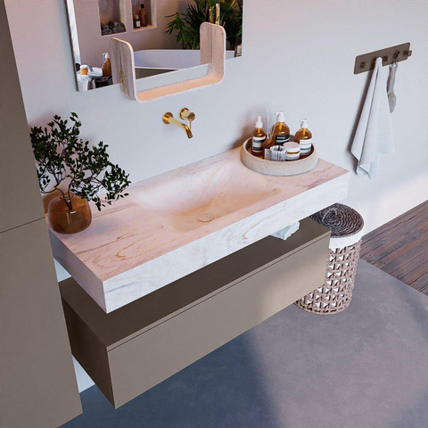 Mondiaz ALAN-DLUX Ensemble de meuble - 110cm - meuble Smoke mat - 1 tiroir - Lavabo Cloud Ostra suspendu - vasque Centre - 0 trous de robinet SW807349