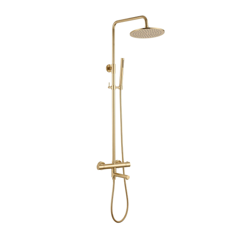 Fortifura Calvi Ensemble de douche à effet pluie - thermostatique - douche de tête 25cm - flexible métallique - douchette à main bâton - bec de baignoire pivotant - Laiton Brossé PVD (Or) SW1592514