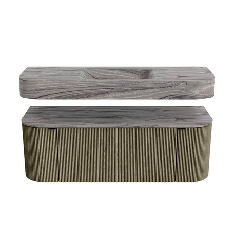 MONDIAZ THOR-DLUX 130cm meuble de salle de bains arrondi gauche + droite couleur Shadow avec 1 tiroir et 2 portes. Vasque suspendue CLOUD Milieu 1 trou de robinet couleur Sombra. SW1463870