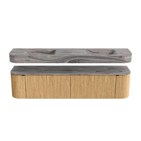 MONDIAZ THOR-DLUX Meuble de salle de bains 190cm arrondi gauche + droite couleur Oak avec 2 tiroirs et 2 portes. Vasque suspendue CLOUD Double 2 trous de robinet couleur Sombra. SW1466696