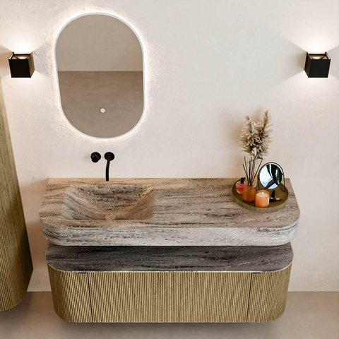 MONDIAZ THOR-DLUX 140cm meuble de salle de bains arrondi gauche + droite couleur Dusk avec 1 tiroir et 2 portes. Vasque suspendue CLOUD Gauche sans trou de robinet couleur Oza. SW1464286