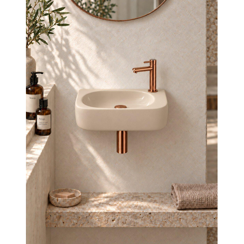 QeramiQ Fuente pack lave-mains – demi-rond – 40 x 21,5 x 12 cm – perçage à droite – robinet cuivre brossé SW1232840