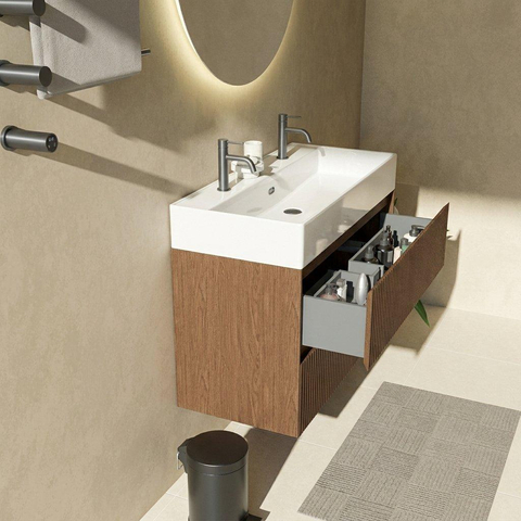 Saniclass Holz Atelier Badkamermeubelset - 100x45x72cm - Legend keramische wastafel mat wit - 1 wasbak - 2 kraangaten - 2 lades - mat walnut pure (hout) SW1579620