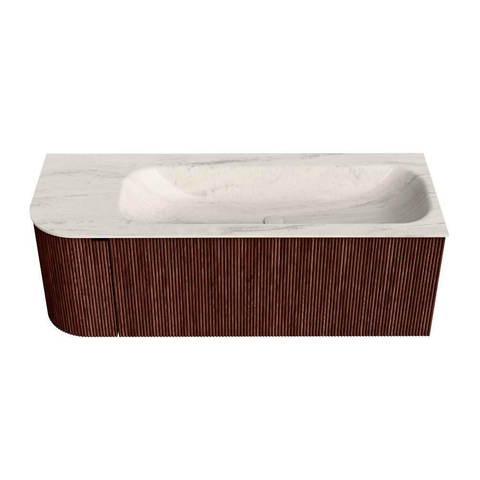 MONDIAZ KURVE-DLUX Meuble de salle de bains 125cm arrondi à gauche couleur Ruby avec 1 tiroir et 1 porte. Lavabo BIG MEDIUM à droite sans trou de robinet Meli. SW1431967