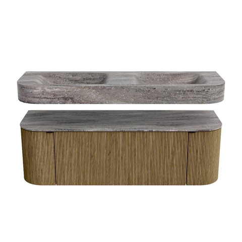 MONDIAZ THOR-DLUX 140cm meuble de salle de bains arrondi gauche + droite couleur Dusk avec 1 tiroir et 2 portes. Vasque suspendue CLOUD Double 2 trous de robinet couleur Oza. SW1464289