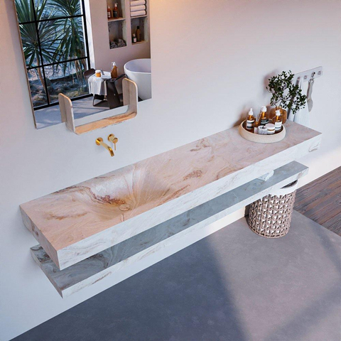 Mondiaz ALAN-DLUX Ensemble de meuble - 200cm - meuble Frappe mat - 0 tiroirs - Lavabo Cloud Frappe suspendu - vasque Gauche - 0 trous de robinet SW809101