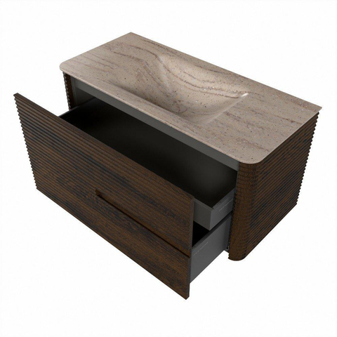 Mondiaz CIRO-DLUX Badkamermeubelset - 100x45x50cm - Solid surface wastafel Saba - 1 wasbak Midden - zonder kraangaten - 2 lades - Walnut SW1530675