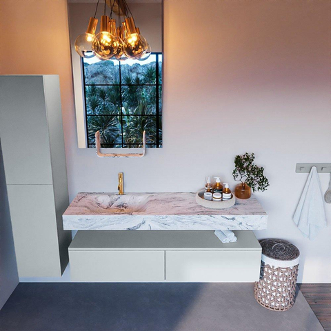 Mondiaz ALAN-DLUX Ensemble de meuble - 150cm - meuble Clay mat - 2 tiroirs - Lavabo Cloud Glace suspendu - vasque Gauche - 1 trou de robinet SW806367
