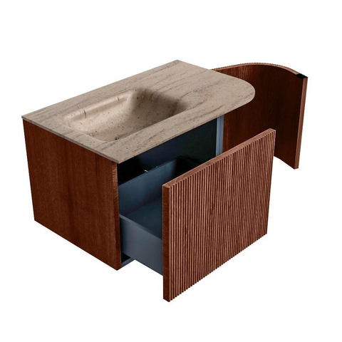 MONDIAZ KURVE-DLUX Meuble de salle de bains 75cm arrondi à droite couleur Ruby avec 1 tiroir et 1 porte. Lavabo GRUNNE à gauche sans trou de robinet Saba. SW1433432