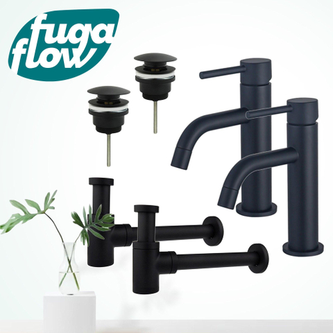 FugaFlow Eccelente Sobrado Badkamer Slim Wastafelkraanset - voor dubbele wastafel - lage wastafelkraan - klikwaste plug - verlaagde design sifon - Mat zwart SW1124408