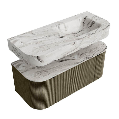 MONDIAZ THOR-DLUX 110cm badmeubel ronding links + rechts kleur Shadow met 1 lade en 2 deuren. Vrijhangende wastafel CLOUD Rechts 1 kraangat kleur Glace. SW1462889