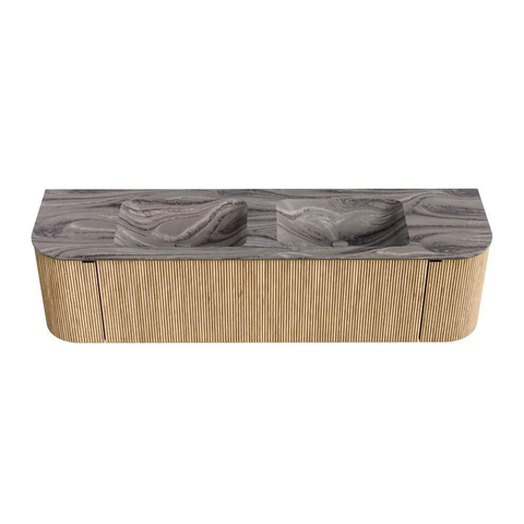 MONDIAZ KURVE-DLUX 170cm badmeubel ronding Links + Rechts kleur Oak met 1 lade en 2 deuren. Wastafel LEAF Dubbel 2 kraangaten Sombra. SW1433601