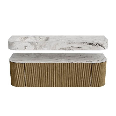 MONDIAZ THOR-DLUX 150cm meuble de salle de bains arrondi gauche + droite couleur Dusk avec 1 tiroir et 2 portes. Vasque suspendue CLOUD Gauche 1 trou de robinet couleur Glace. SW1467668