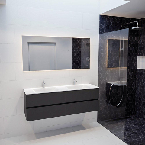 MONDIAZ VICA Ensemble de meuble salle de bain - 150cm - 4 tiroirs - lavabo Cloud double - 2 trous de robinet - solid surface gris foncé SW409830