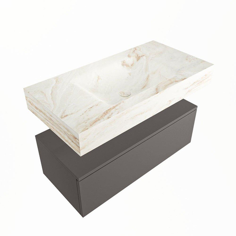 Mondiaz ALAN-DLUX Ensemble de meuble - 90cm - meuble Dark grey mat - 1 tiroir - Lavabo Cloud Frappe suspendu - vasque Centre - 0 trous de robinet SW804793