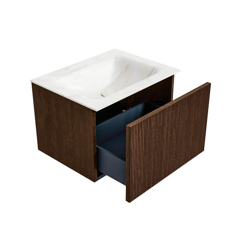MONDIAZ KURVE-DLUX 60cm badmeubel kleur Walnut met 1 lade. Wastafel CLOUD midden zonder kraangat kleur Ostra. SW1137791