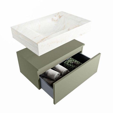 Mondiaz ALAN-DLUX Ensemble de meuble - 70cm - meuble Army mat - 1 tiroir - Lavabo Cloud Frappe suspendu - vasque Centre - 1 trou de robinet SW805404