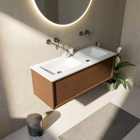 Saniclass Holz Frame Badkamermeubelset - 120x45x57.5cm - Torino solid surface wastafel wit - zonder kraangat - 1 lade - mat walnut pure (hout) SW1478673