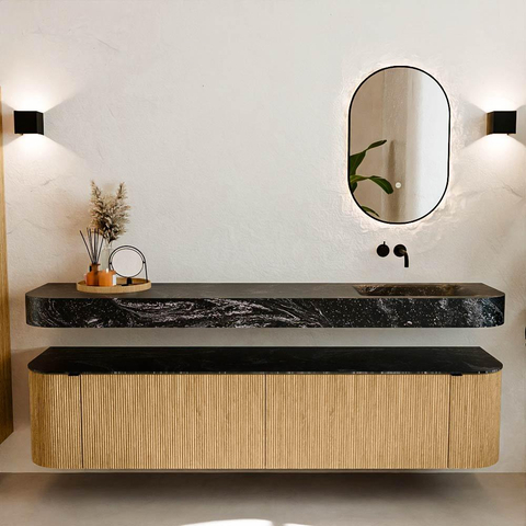 MONDIAZ THOR-DLUX 200cm meuble de salle de bains arrondi gauche + droite couleur Chêne avec 2 tiroirs et 2 portes. Vasque suspendue CLOUD Droite sans trou de robinet couleur Lava. SW1466940