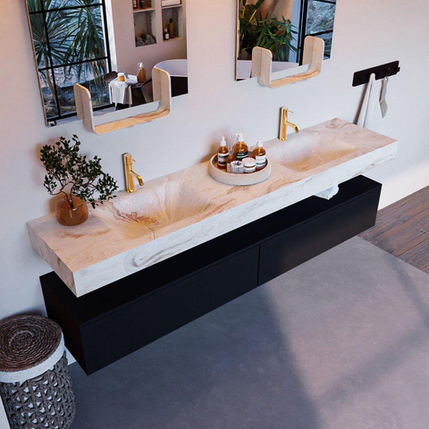 Mondiaz ALAN-DLUX Ensemble de meuble - 200cm - meuble Urban mat - 2 tiroirs - Lavabo Cloud Frappe suspendu - vasque Gauche et droite - 2 trous de robinet SW804698