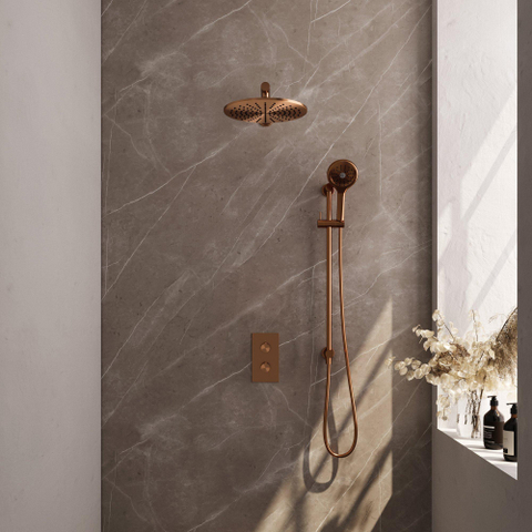 Ensemble de douche pluie encastré Brauer Copper Carving - douche principale 30 cm - bouton carving - douchette ronde 3 positions - glissière - PVD - cuivre brossé SW715806