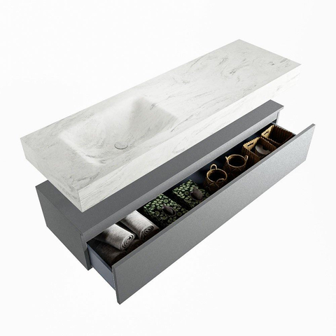 Mondiaz ALAN-DLUX Ensemble de meuble - 150cm - meuble Plata mat - 1 tiroir - Lavabo Cloud Opalo suspendu - vasque Gauche - 1 trou de robinet SW807153