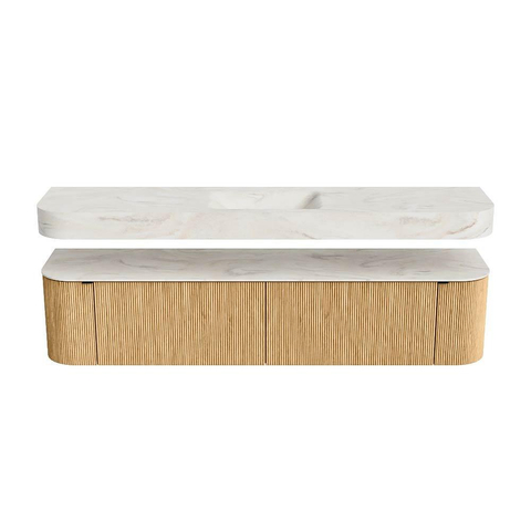 MONDIAZ THOR-DLUX 200cm badmeubel ronding links + rechts kleur Oak met 2 lades en 2 deuren. Vrijhangende wastafel CLOUD Midden 1 kraangat kleur Ostra. SW1466957