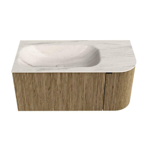 MONDIAZ KURVE-DLUX Meuble de salle de bains 95cm arrondi à droite couleur Dusk avec 1 tiroir et 1 porte. Lavabo BIG SMALL gauche 1 trou de robinet Meli. SW1431870