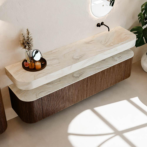 MONDIAZ THOR-DLUX 200cm meuble de salle de bains arrondi gauche + droite couleur Walnut avec 2 tiroirs et 2 portes. Vasque suspendue CLOUD droite sans trou de robinet couleur Ostra. SW1466830