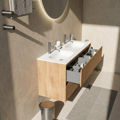 Saniclass Holz Atelier Badkamermeubelset - 120x45x61.5cm - Flow solid surface wastafel wit - 2 wasbakken - 2 kraangaten - 4 lades - mat eiken natural (hout) SW1478418
