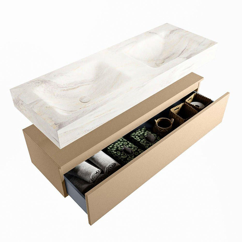 Mondiaz ALAN-DLUX Ensemble de meuble - 130cm - meuble Oro mat - 1 tiroir - Lavabo Cloud Ostra suspendu - vasque Gauche et droite - 2 trous de robinet SW807648