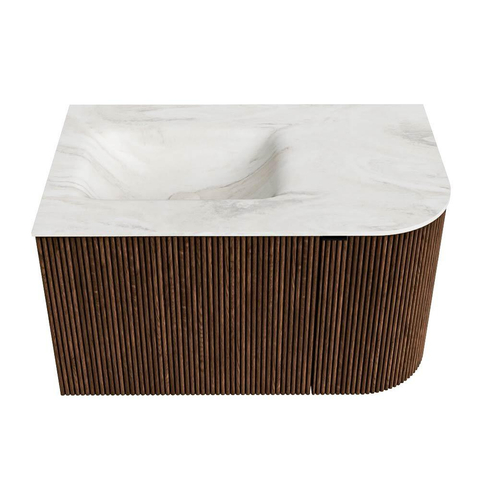 MONDIAZ KURVE-DLUX 75cm badmeubel met module 25 R kleur Walnut met 1 lade en 1 deur. Wastafel GRUNNE links zonder kraangat kleur Ostra. SW1137815
