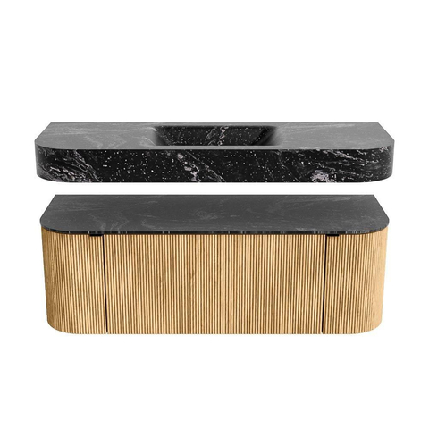 MONDIAZ THOR-DLUX Meuble de salle de bains 130cm arrondi gauche + droite couleur Oak avec 1 tiroir et 2 portes. Vasque suspendue CLOUD Milieu sans trou de robinet couleur Lava. SW1463536