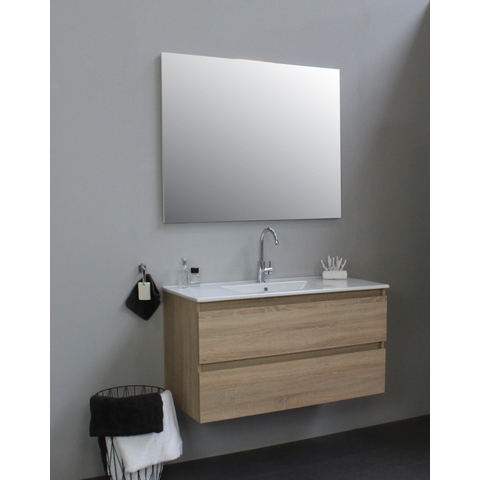 Basic Bella Meuble avec lavabo en porcelaine 100x55x46cm 1 trou de robinet avec miroir Chêne SW398059
